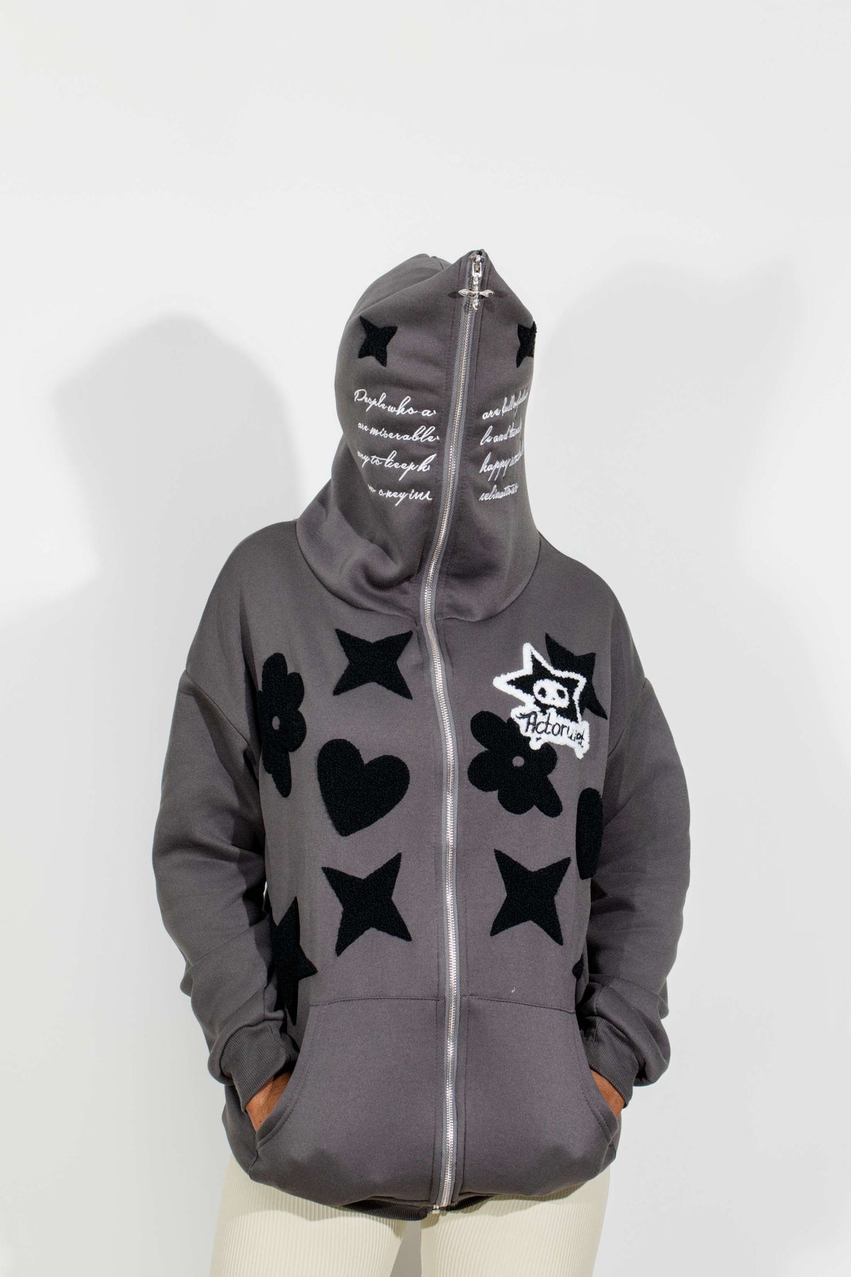 OHFRU Gray Skull Designs Zip Hooded Hoodie
