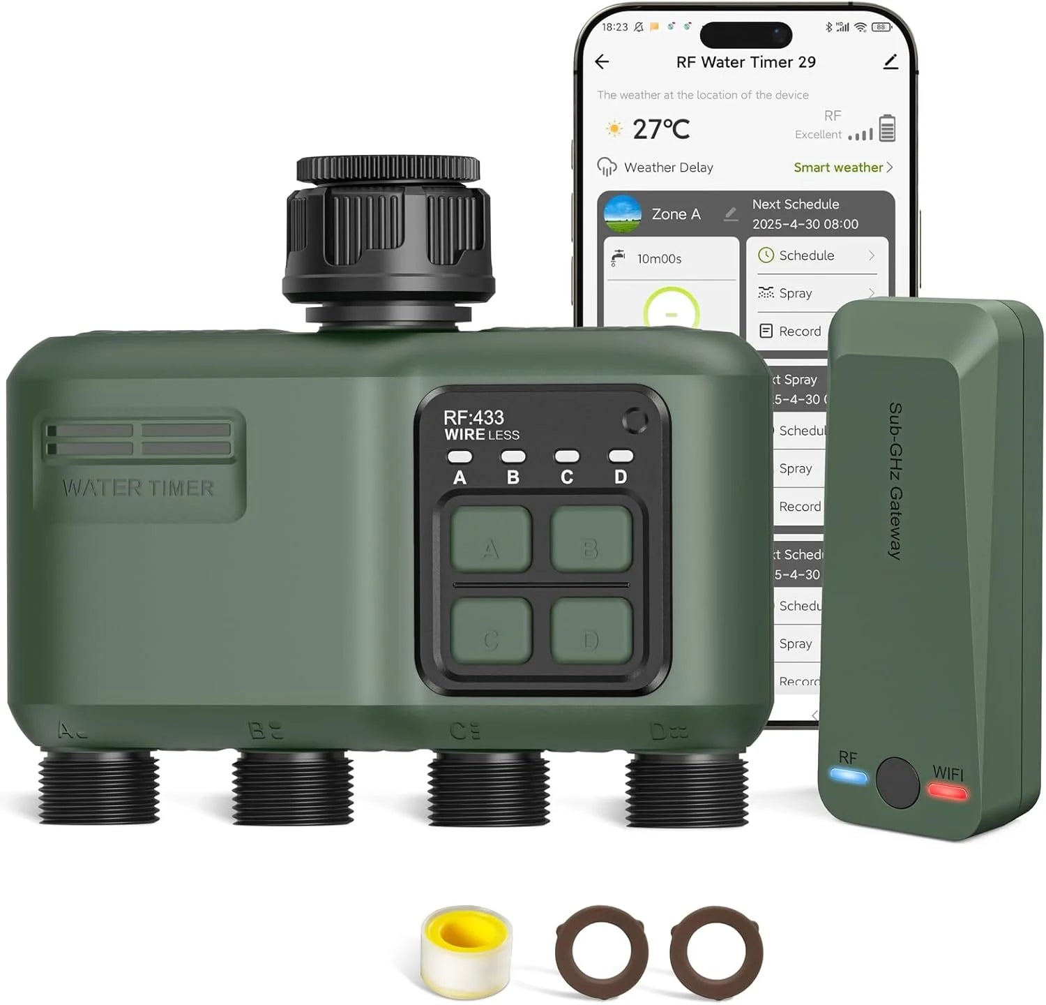 Johgee 4-zone RF smart water timer with indoor WiFi gateway app control and tap adaptors