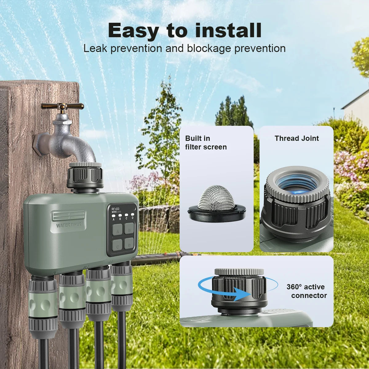 Easy install 4-zone garden water timer with filter screen rotating tap connector and leak prevention