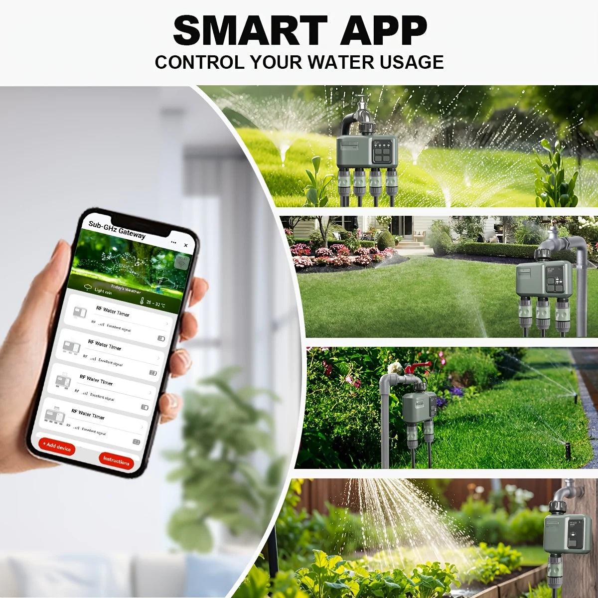 Johgee app control for multi-zone garden watering across lawn greenhouse raised beds and patio pots